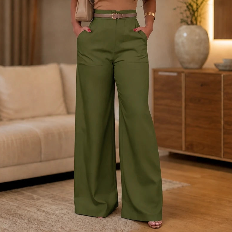 Women's High-Waist Wide-Leg Trousers | Pants for Office Work - Olive