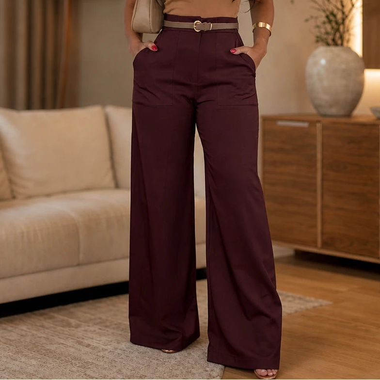 Women's High-Waist Wide-Leg Trousers | Pants for Office Work - Wine