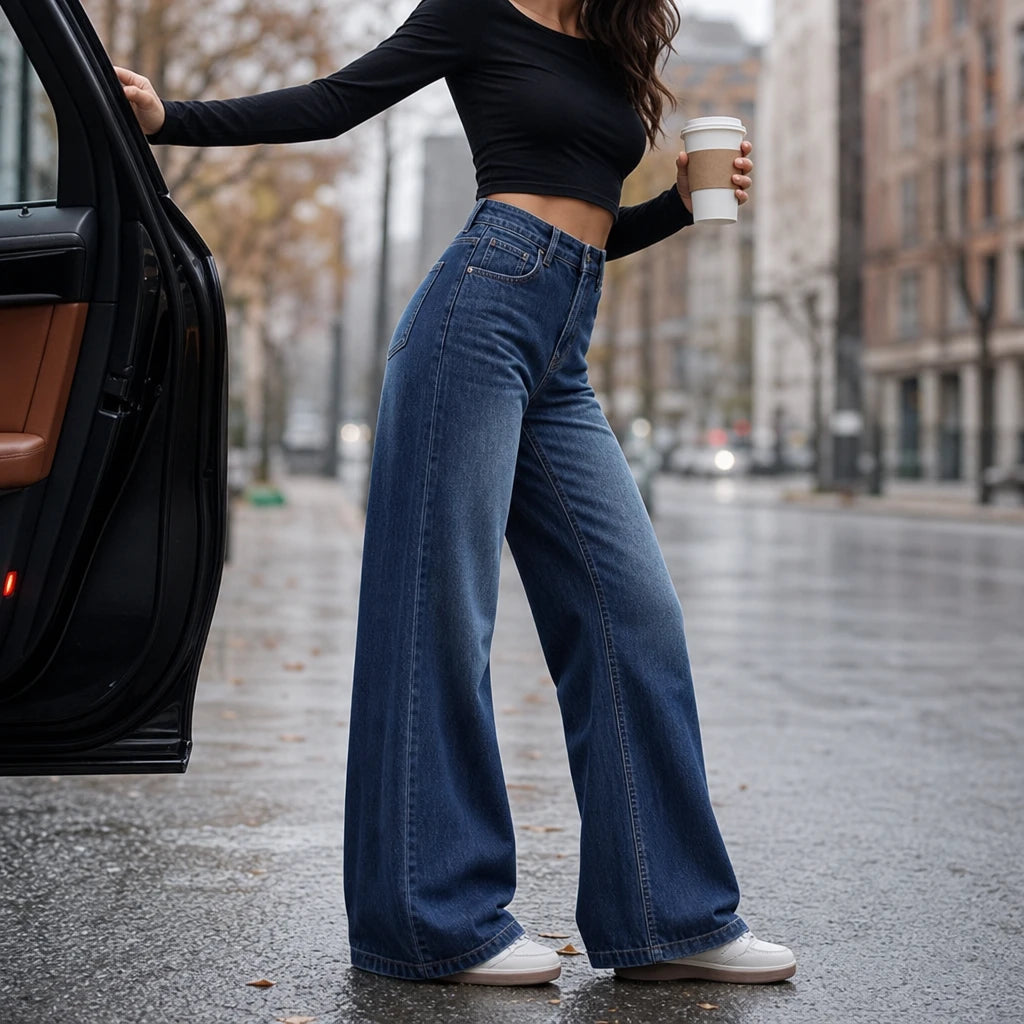 Women's High Waisted Jeans | Fleece-Lined Wide-Leg