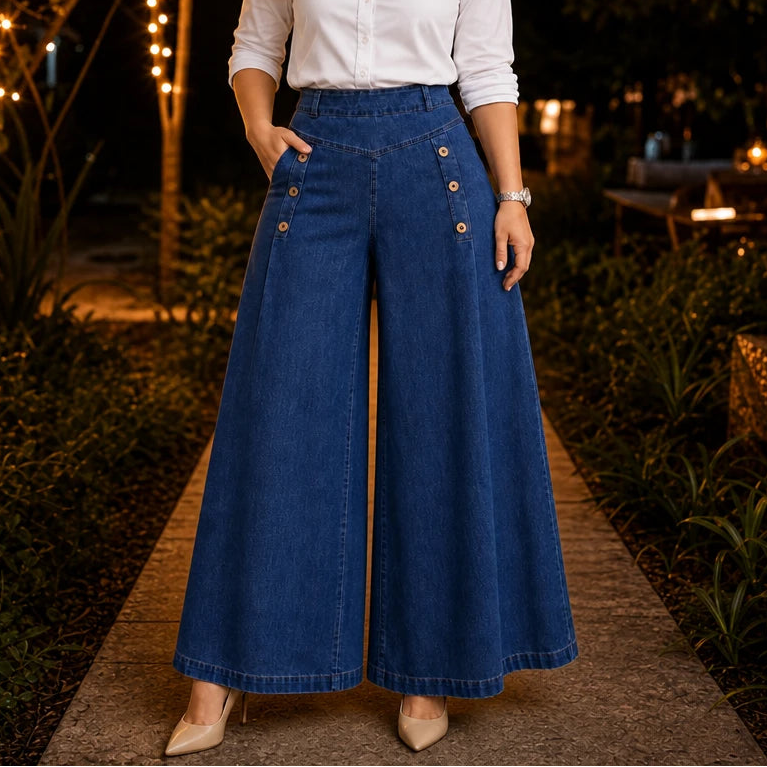 Women's High Waisted Jeans | Wide-Leg Stretch Denim - Dark Blue