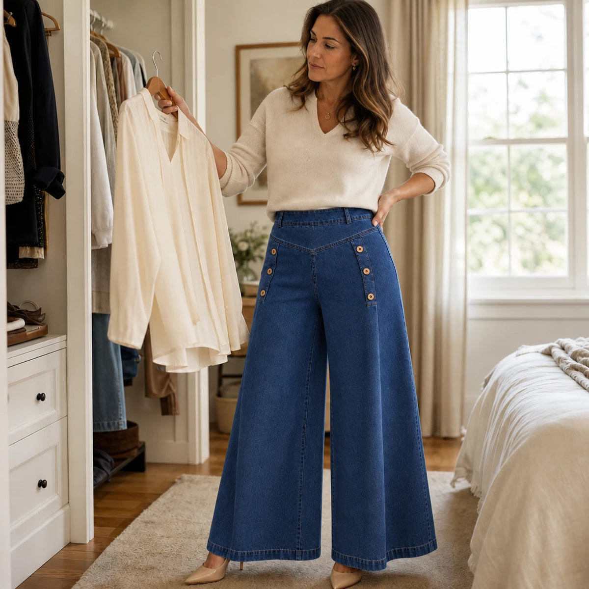 Women's High Waisted Jeans | Wide-Leg Stretch Denim