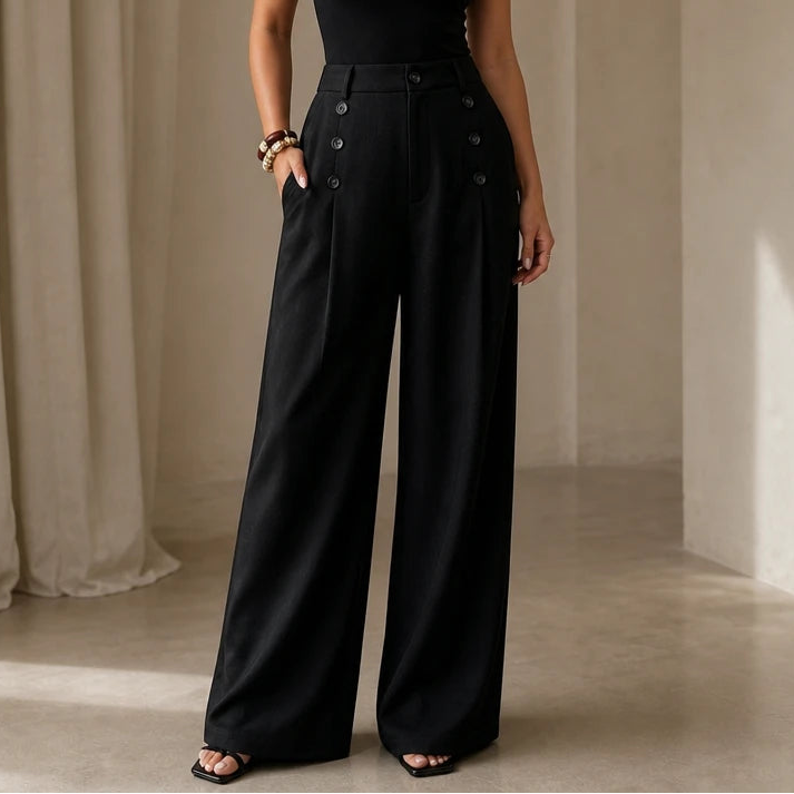 Women's High-Waisted Pleated Wide-Leg Trousers | Tailored Pants - Black