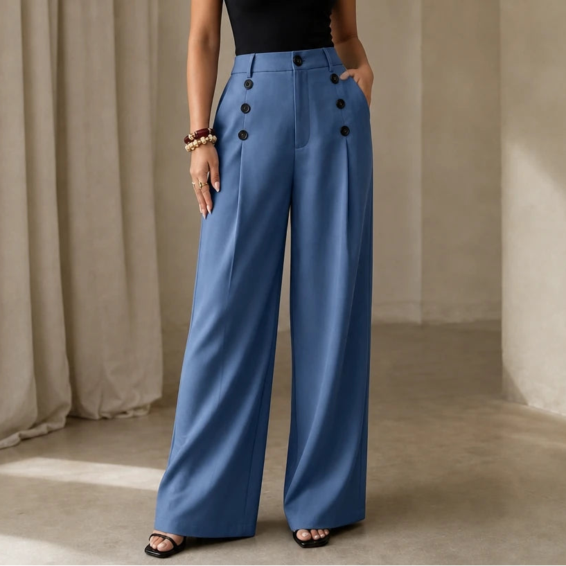 Women's High-Waisted Pleated Wide-Leg Trousers | Tailored Pants - Blue