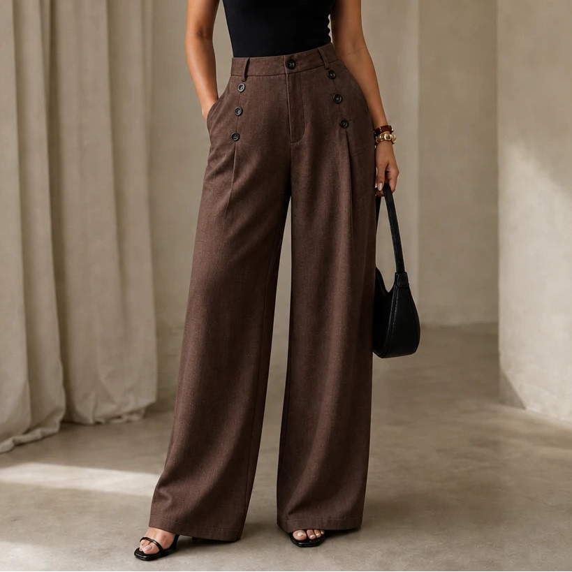 Women's High-Waisted Pleated Wide-Leg Trousers | Tailored Pants - Brown