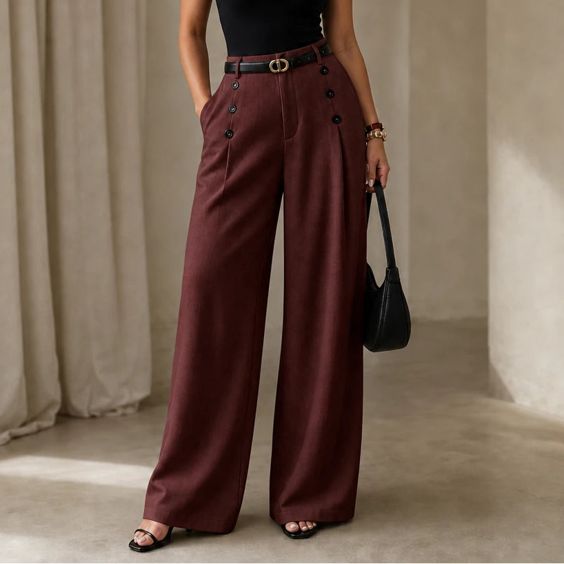 Women's High-Waisted Pleated Wide-Leg Trousers | Tailored Pants - Burgundy