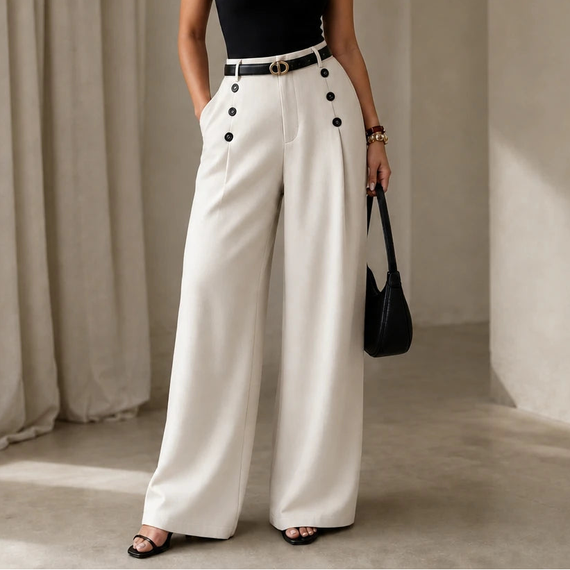 Women's High-Waisted Pleated Wide-Leg Trousers | Tailored Pants - White