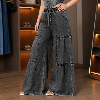 Women's Jeans with Elastic Waist | Tiered Wide-Leg Denim - Black