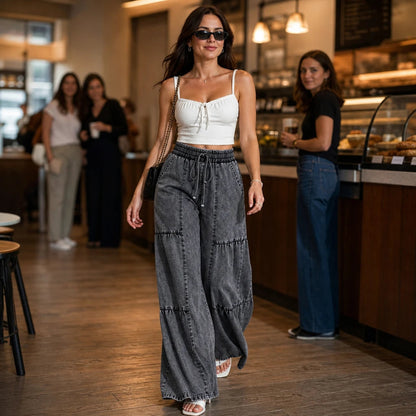 Women's Jeans with Elastic Waist | Tiered Wide-Leg Denim