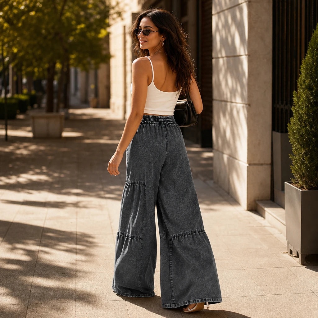 Women's Jeans with Elastic Waist | Tiered Wide-Leg Denim