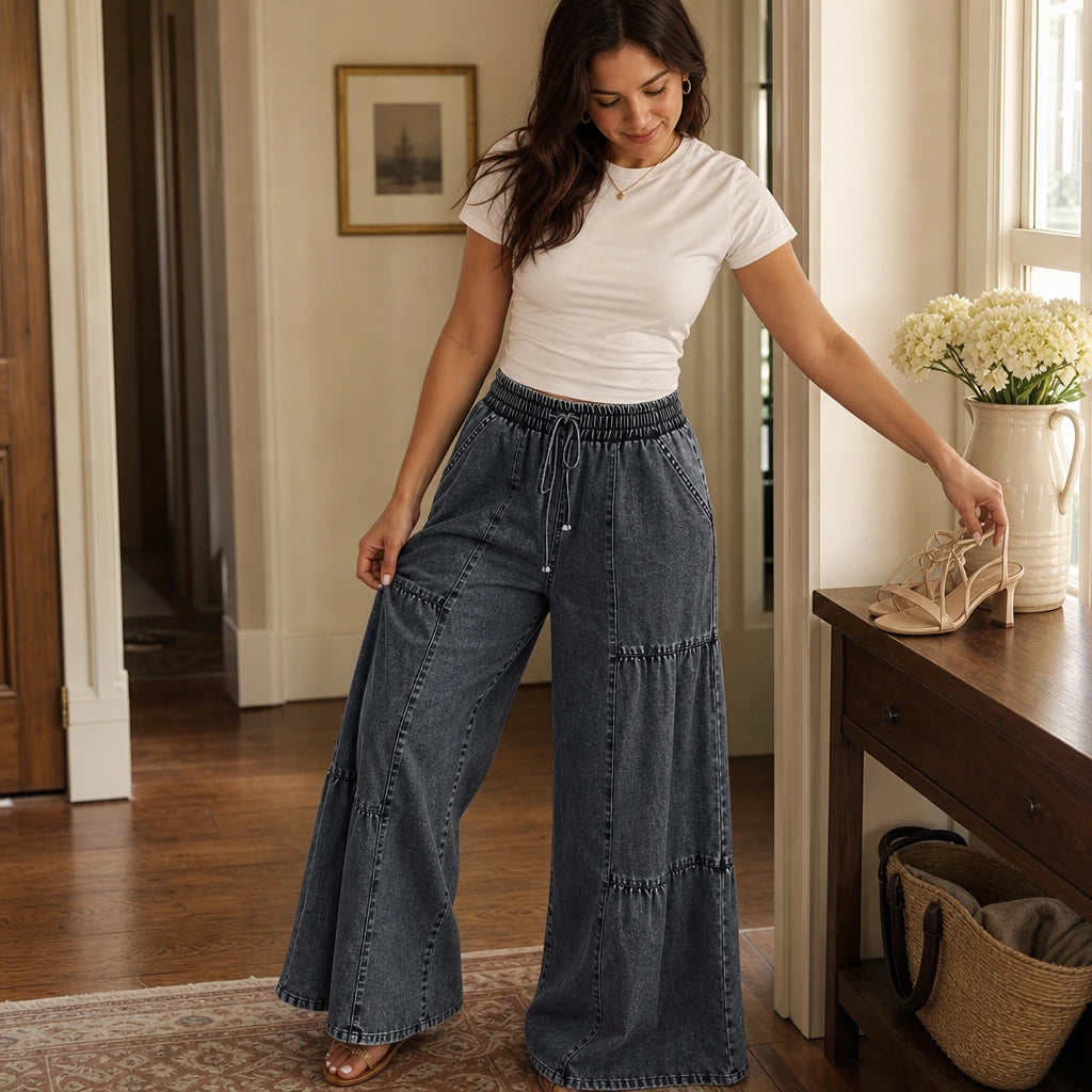 Women's Jeans with Elastic Waist | Tiered Wide-Leg Denim