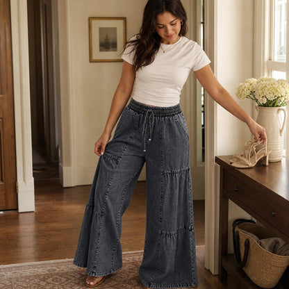 Women's Jeans with Elastic Waist | Tiered Wide-Leg Denim