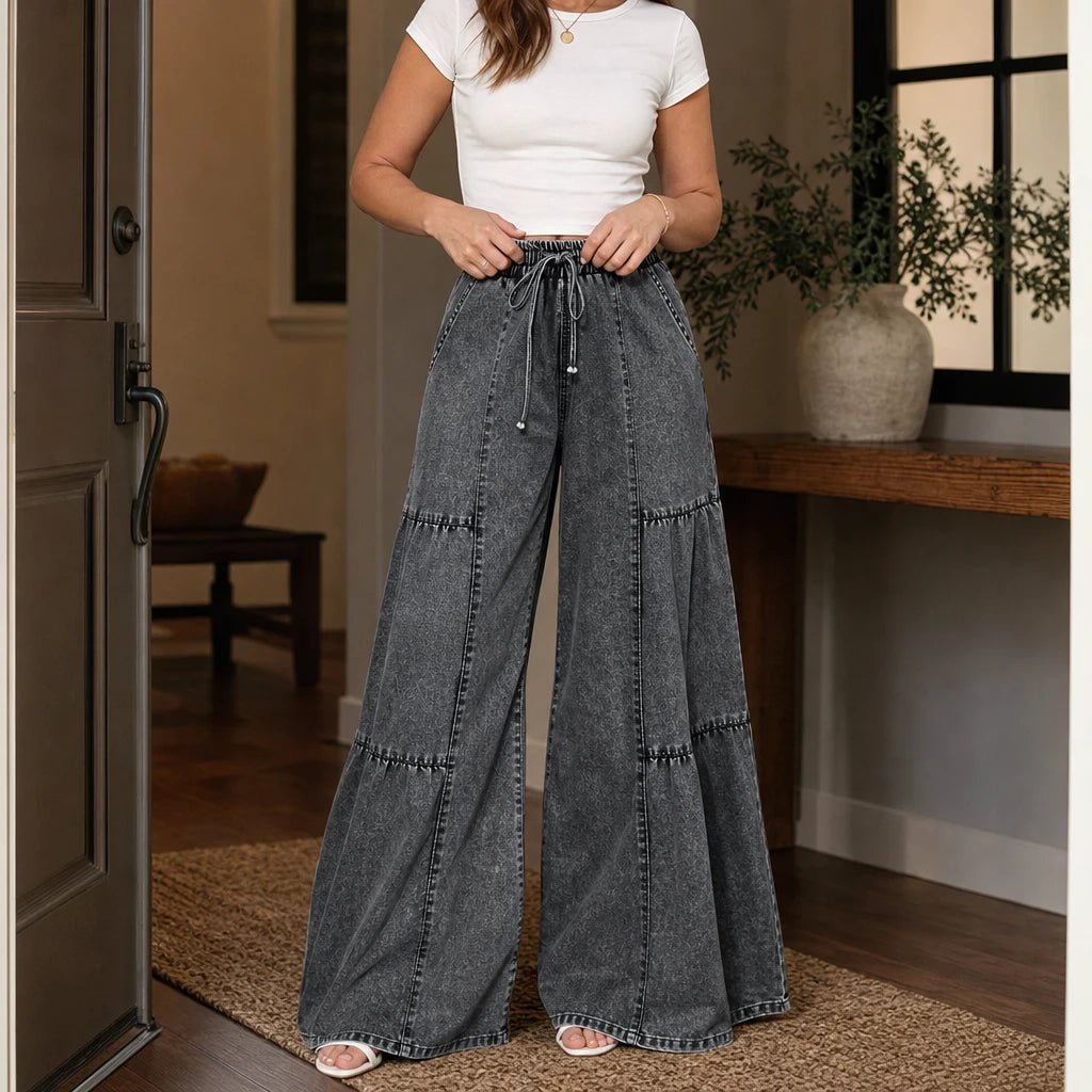 Women's Jeans with Elastic Waist | Tiered Wide-Leg Denim