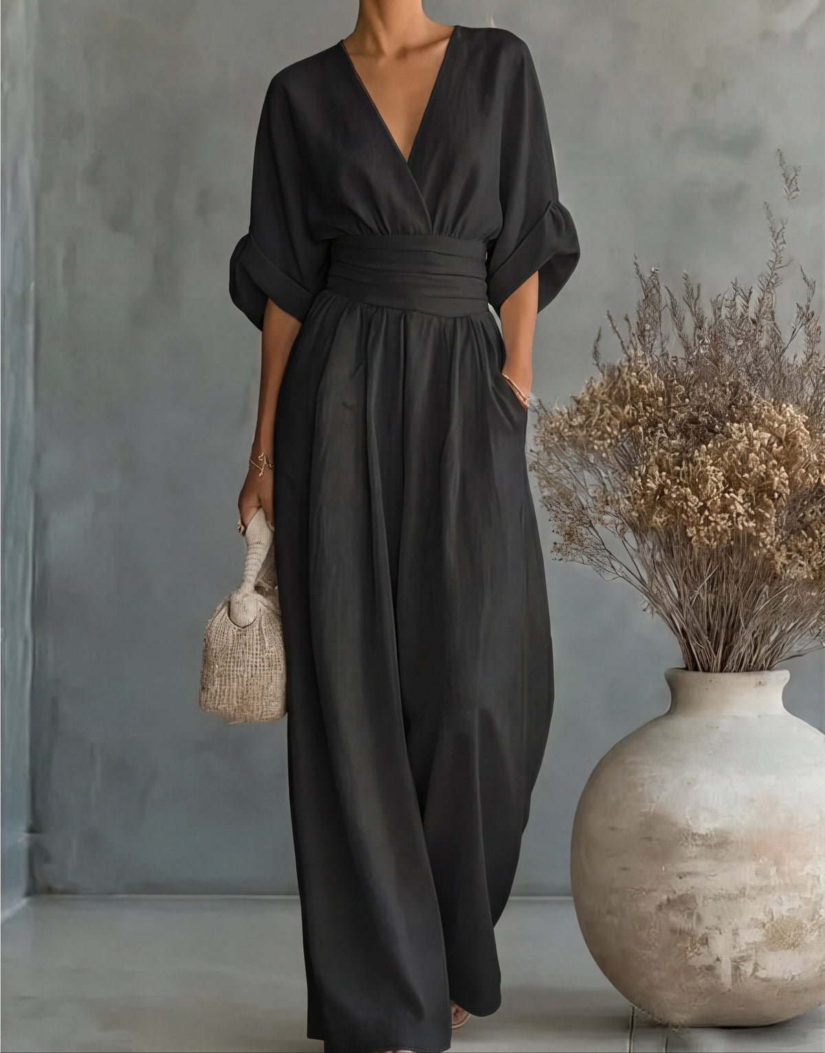 Women's Jumpsuit Casual | V-Neck Wide-Leg One-Piece - Black