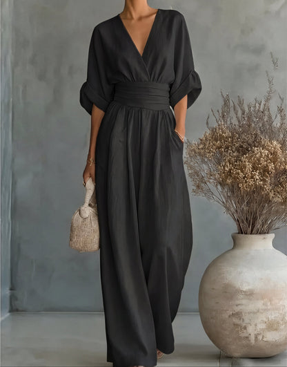 Women's Jumpsuit Casual | V-Neck Wide-Leg One-Piece - Black