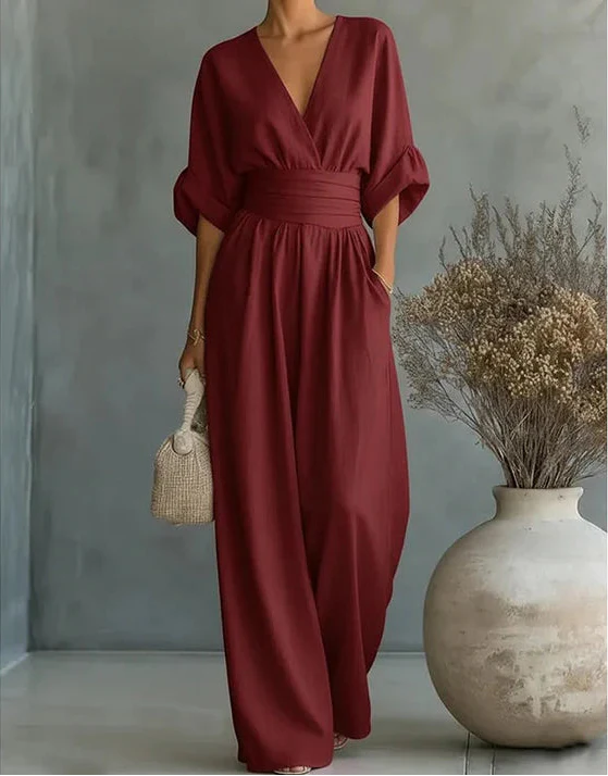 Women's Jumpsuit Casual | V-Neck Wide-Leg One-Piece - Burgundy