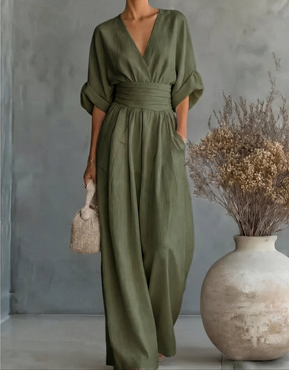 Women's Jumpsuit Casual | V-Neck Wide-Leg One-Piece - Green