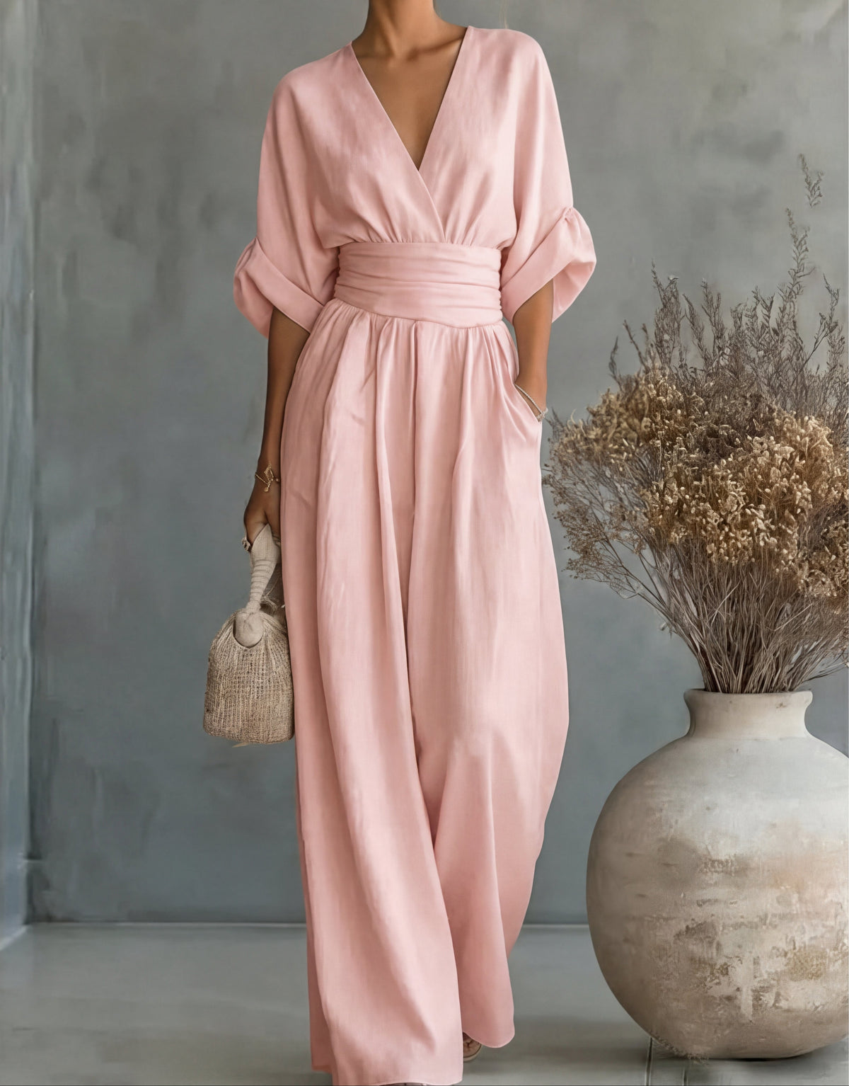 Women's Jumpsuit Casual | V-Neck Wide-Leg One-Piece - Light Pink