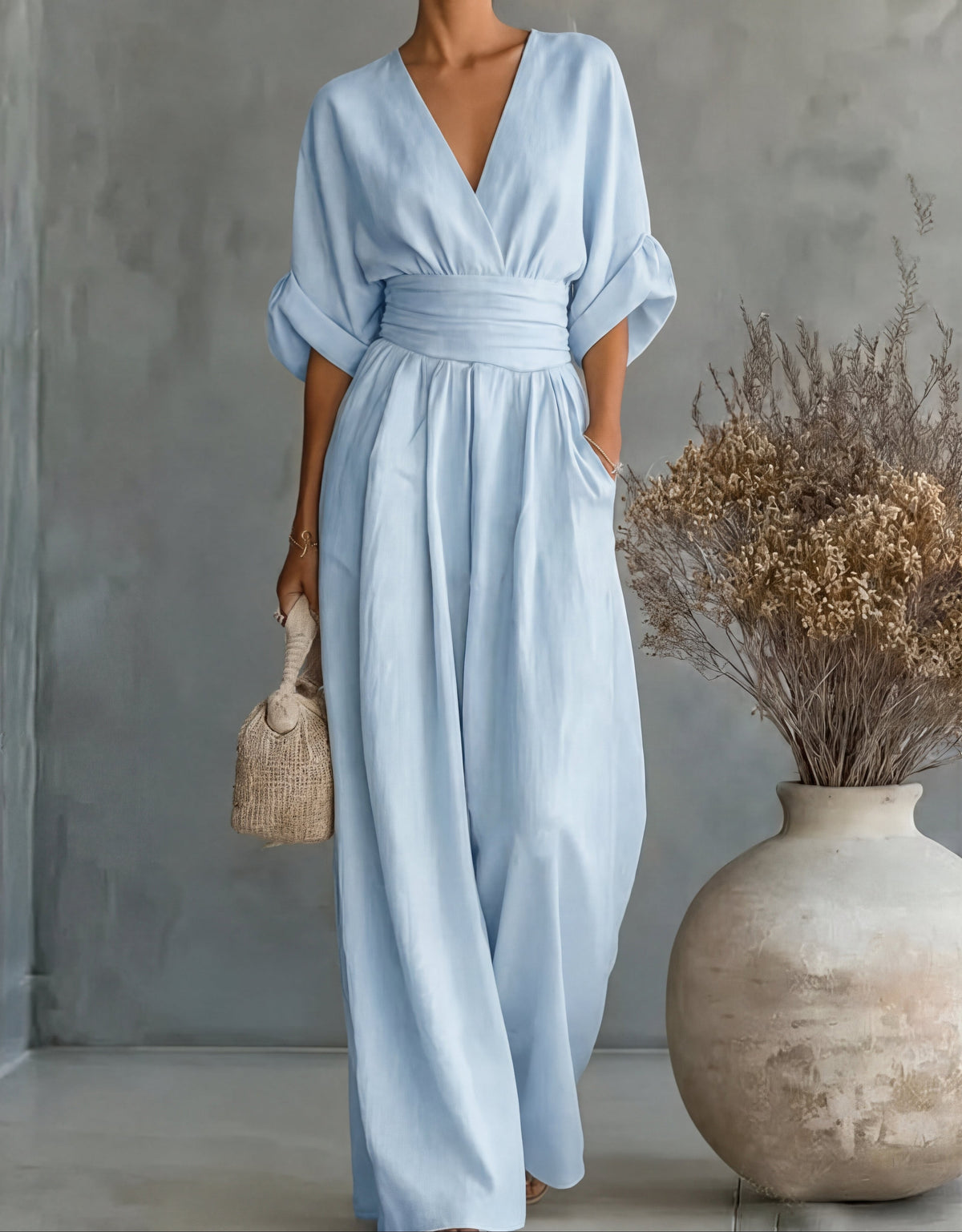 Women's Jumpsuit Casual | V-Neck Wide-Leg One-Piece - Sky Blue