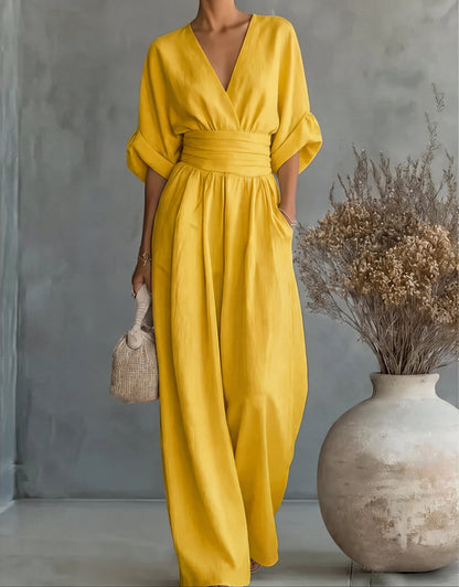 Women's Jumpsuit Casual | V-Neck Wide-Leg One-Piece - Yellow