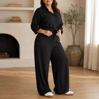 Women's Jumpsuit with Sleeves | Collared Tie-Waist Wide-Leg