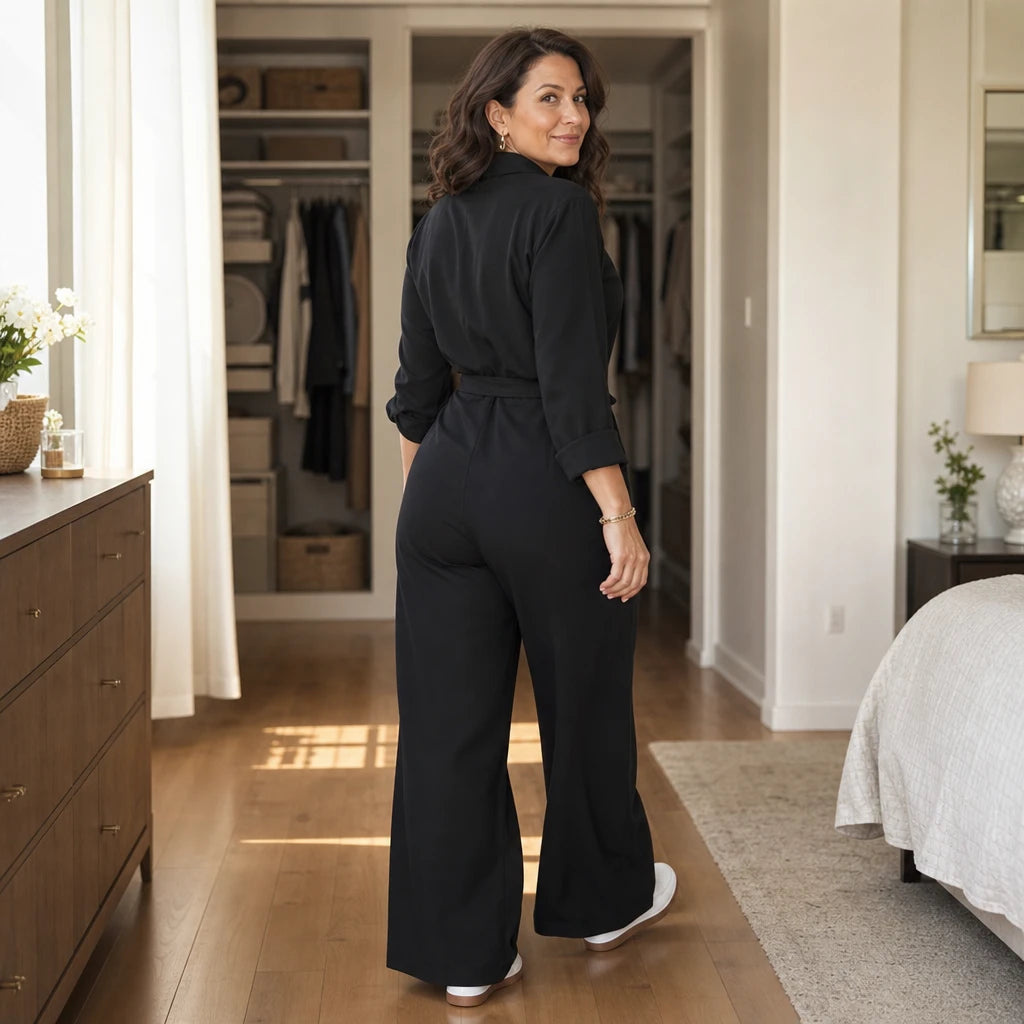 Women's Jumpsuit with Sleeves | Collared Tie-Waist Wide-Leg