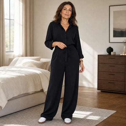 Women's Jumpsuit with Sleeves | Collared Tie-Waist Wide-Leg
