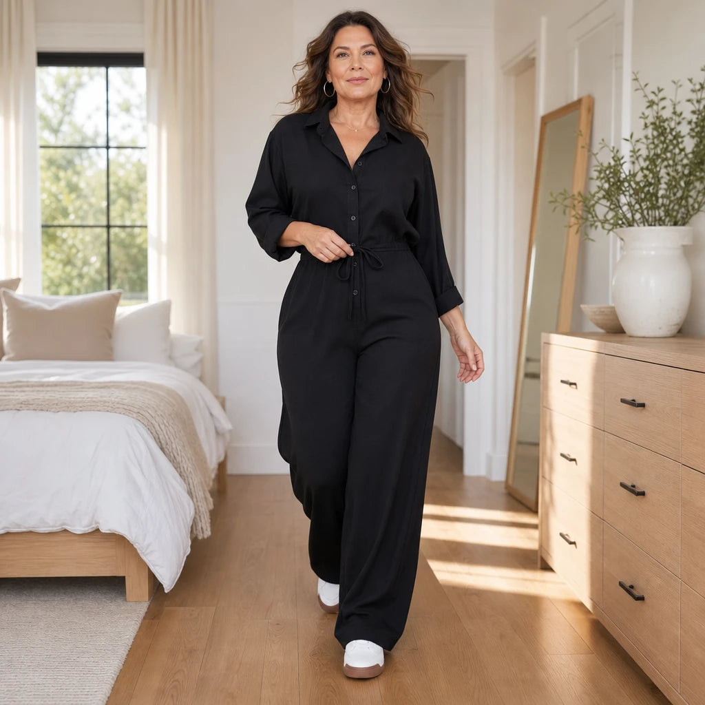 Women's Jumpsuit with Sleeves | Collared Tie-Waist Wide-Leg