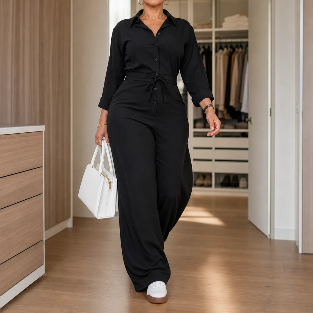 Women's Jumpsuit with Sleeves | Collared Tie-Waist Wide-Leg