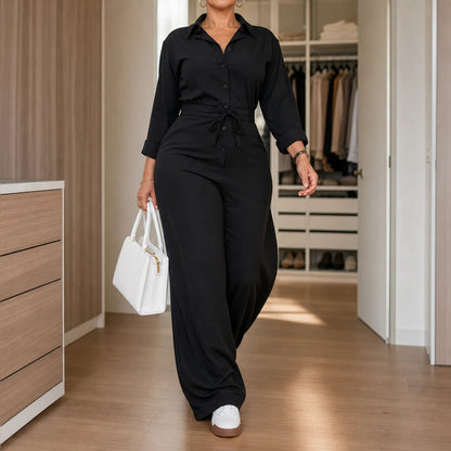 Women's Jumpsuit with Sleeves | Collared Tie-Waist Wide-Leg