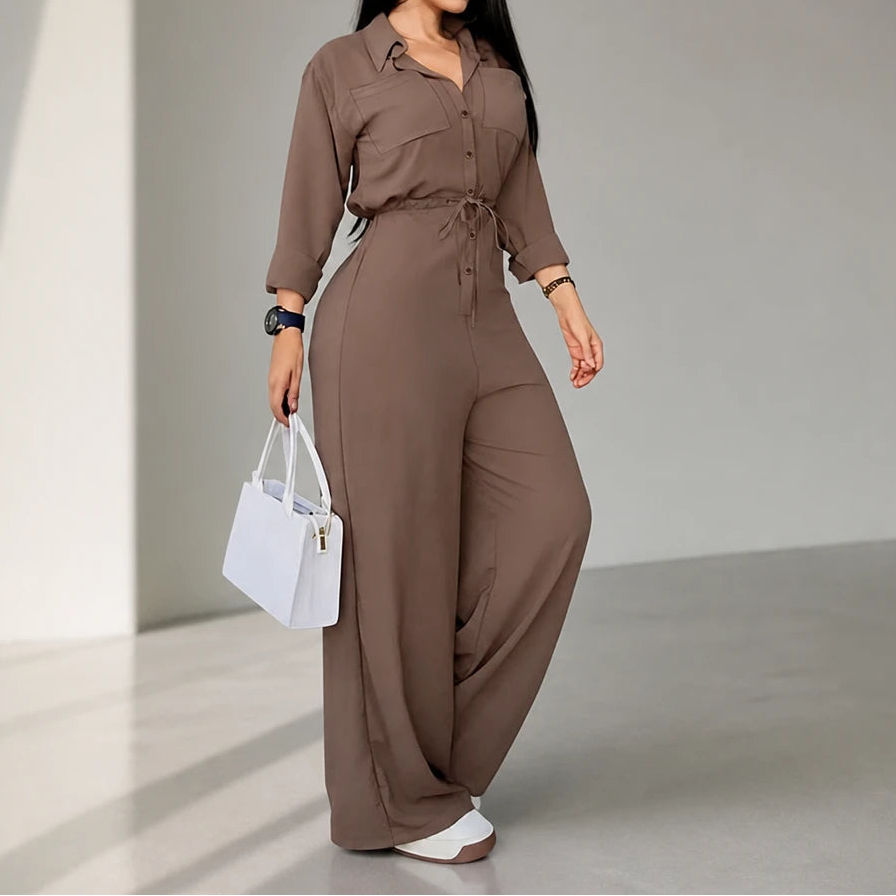 Women's Jumpsuit with Sleeves | Collared Tie-Waist Wide-Leg - Khaki
