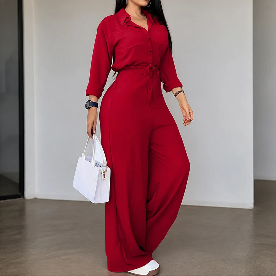 Women's Jumpsuit with Sleeves | Collared Tie-Waist Wide-Leg - Red