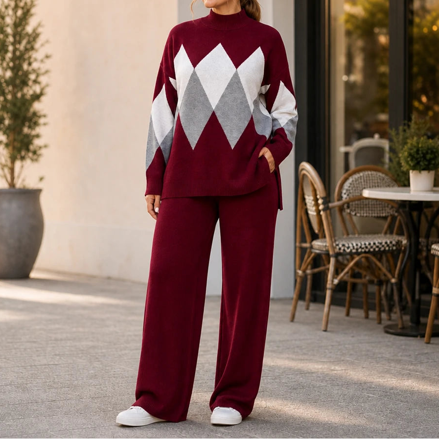 Women's Knit Sweater And Wide-Leg Pants Set | Clothing Sets - Burgundy