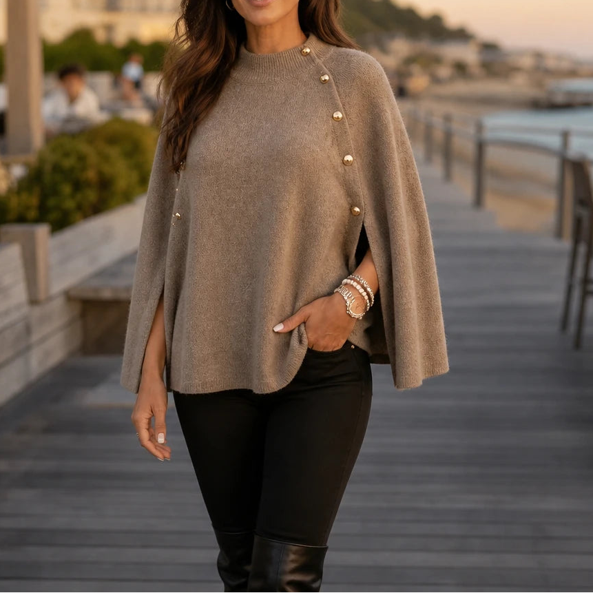 Women's Knit Sweater Poncho | Long Sleeve Sweater - Coffee