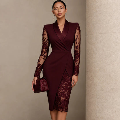 Women's Lace Dress with Sleeves | Cocktail Dress - Burgundy