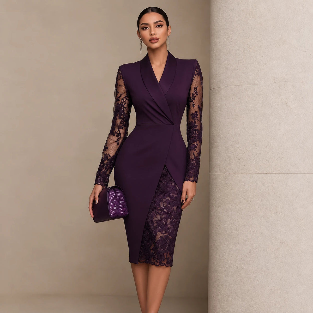 Women's Lace Dress with Sleeves | Cocktail Dress - Deep Purple