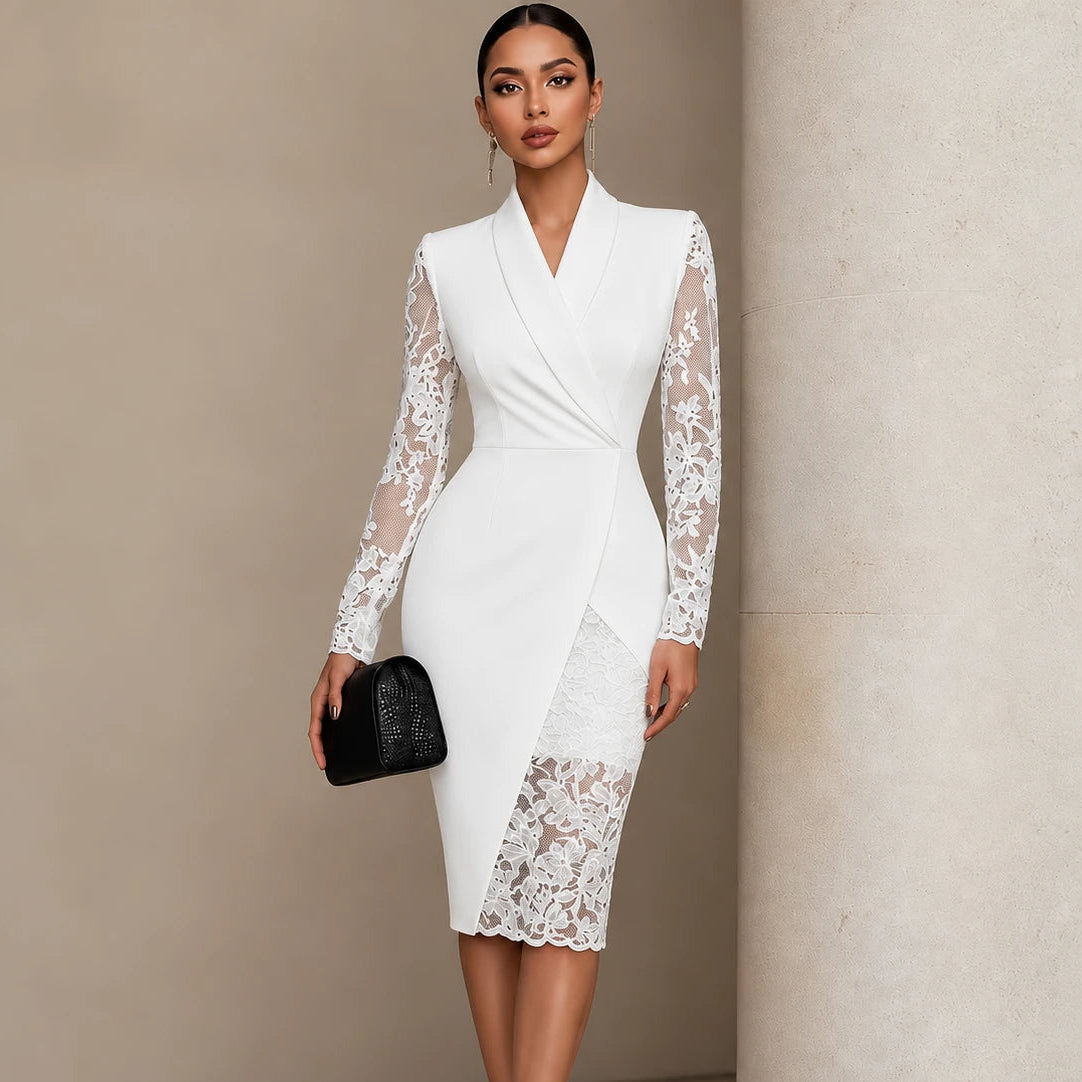 Women's Lace Dress with Sleeves | Cocktail Dress - White