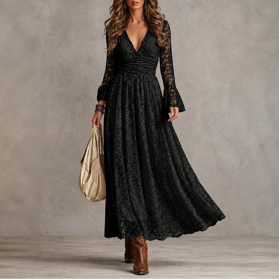 Women's Lace Maxi Dress | Formal Dresses for Weddings - Black