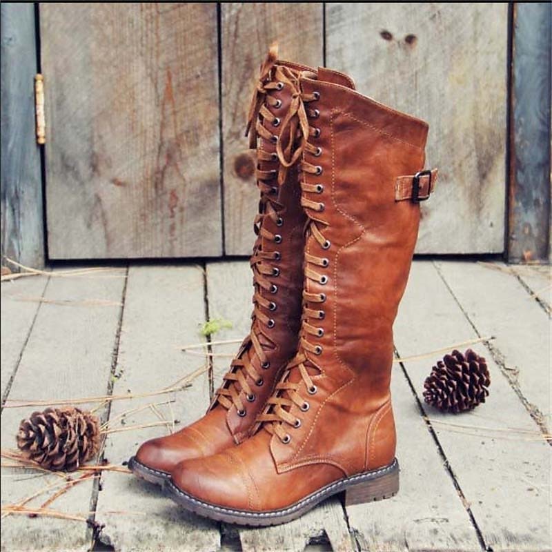 Women's Lace-Up Riding Boots | Knee High Boots - Brown