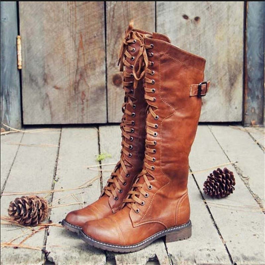 Women's Lace-Up Riding Boots | Knee High Boots - Brown