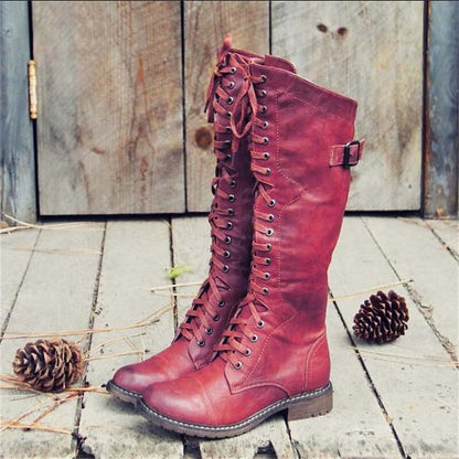 Women's Lace-Up Riding Boots | Knee High Boots - Red