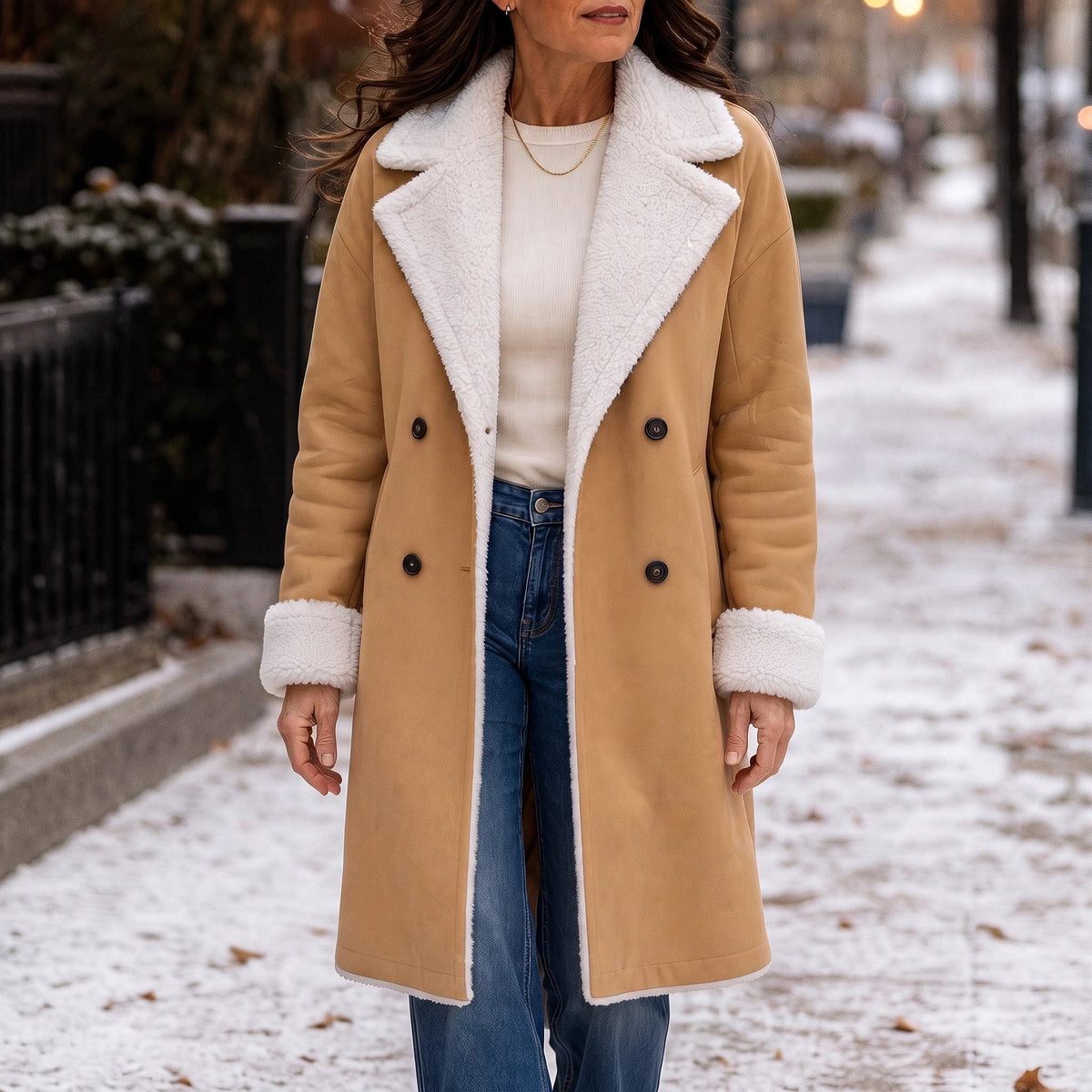 Women's Long Coat with Sherpa Lining | Wool Coat - Camel