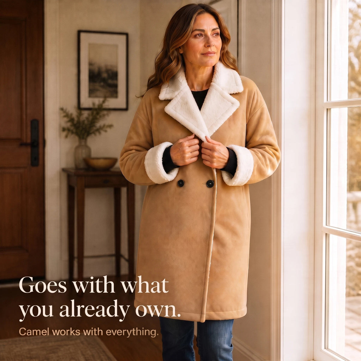 Women's Long Coat with Sherpa Lining | Wool Coat