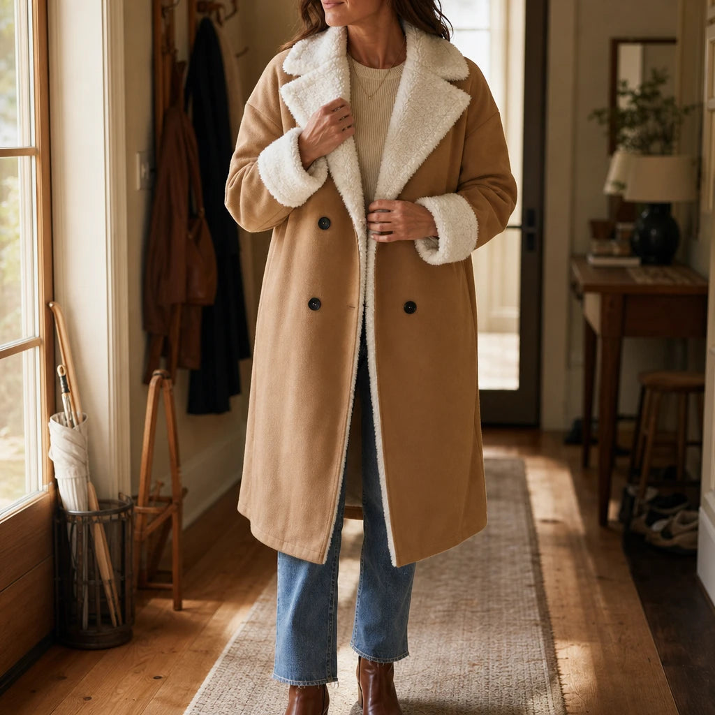 Women's Long Coat with Sherpa Lining | Wool Coat