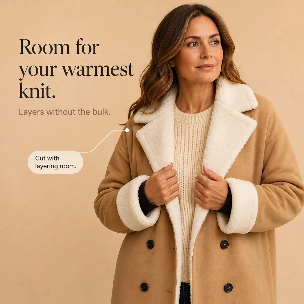 Women's Long Coat with Sherpa Lining | Wool Coat