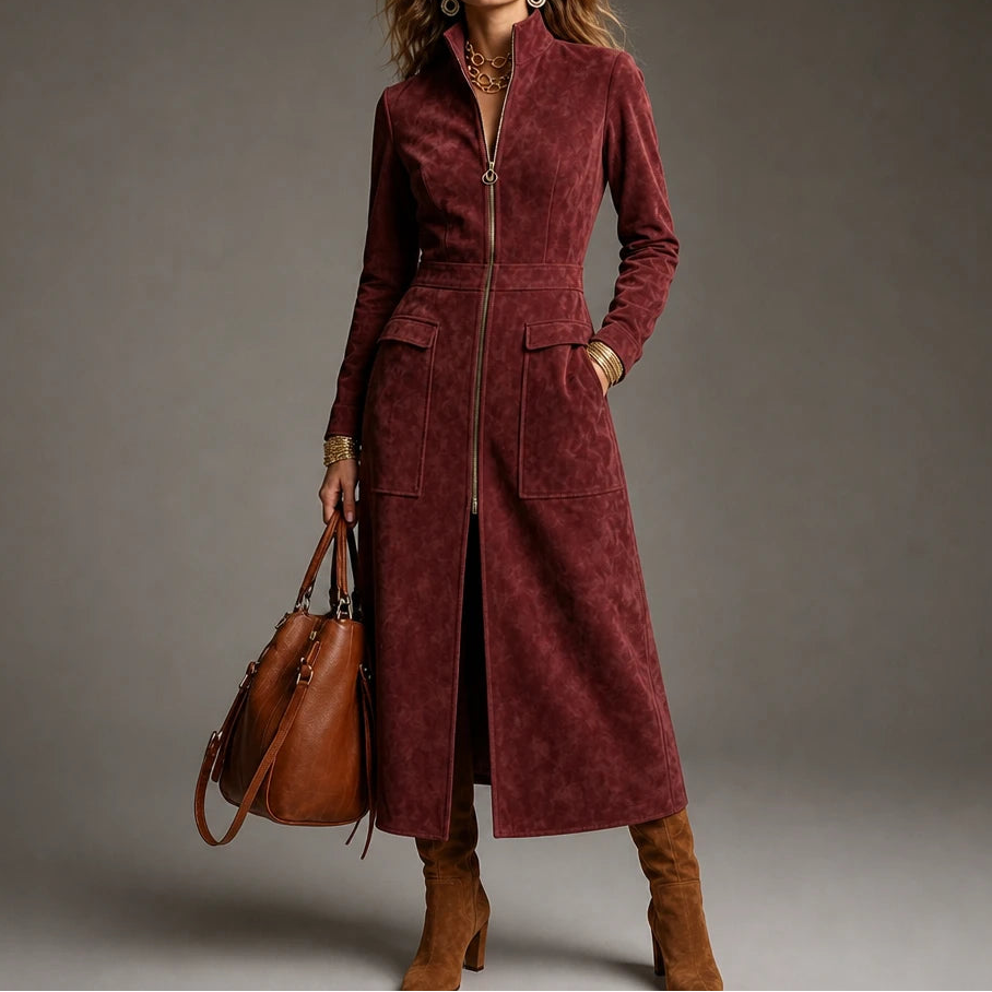 Women's Long Coat with Stand Collar | Oversized Knit - Burgundy