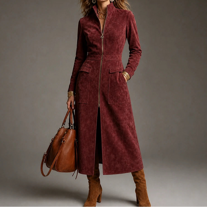 Women's Long Coat with Stand Collar | Oversized Knit - Burgundy
