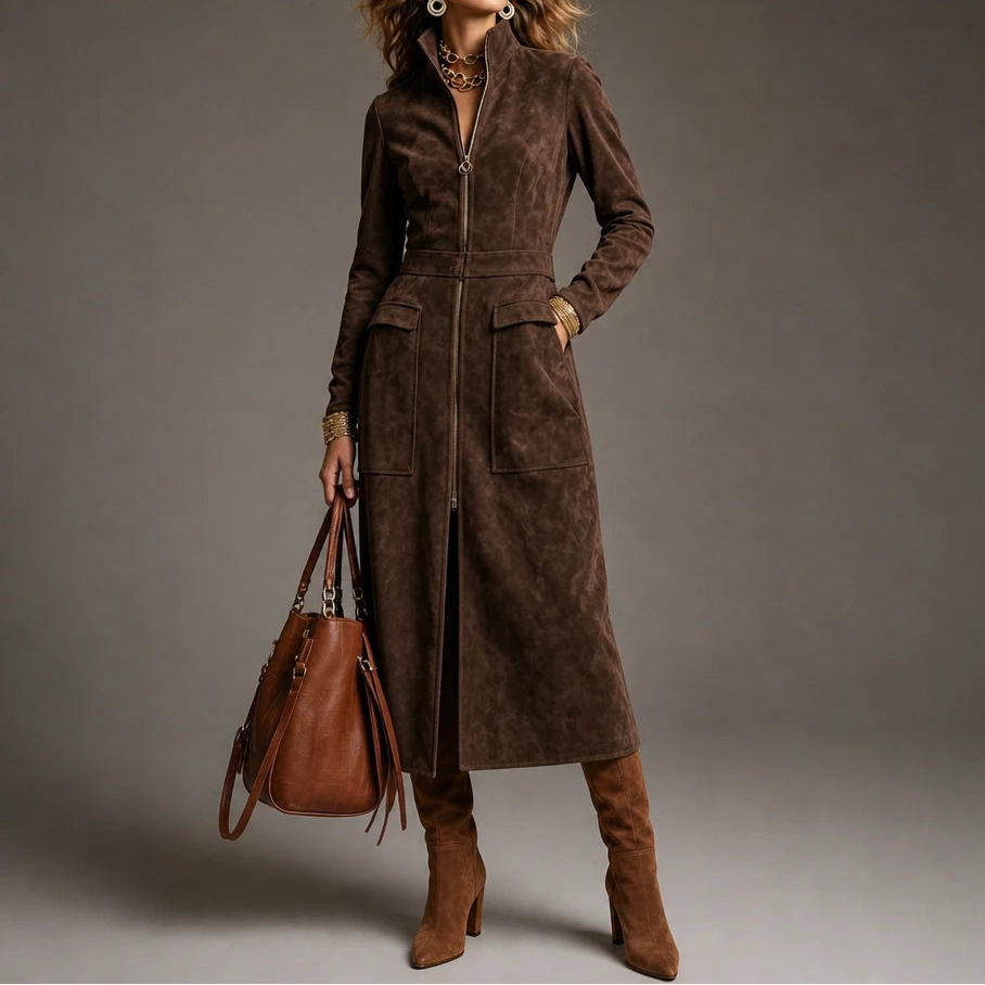 Women's Long Coat with Stand Collar | Oversized Knit - Chocolate Brown