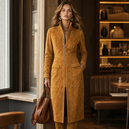 Women's Long Coat with Stand Collar | Oversized Knit