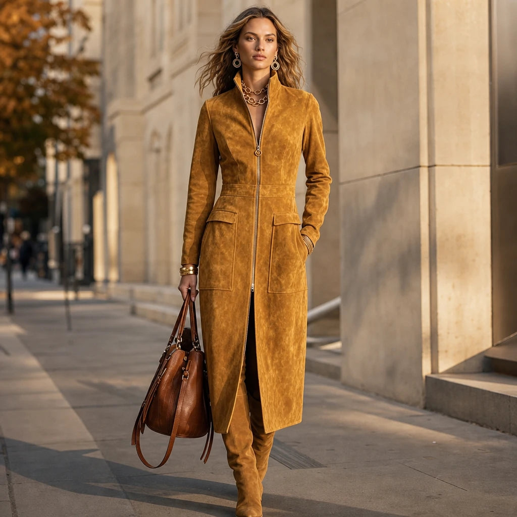 Women's Long Coat with Stand Collar | Oversized Knit