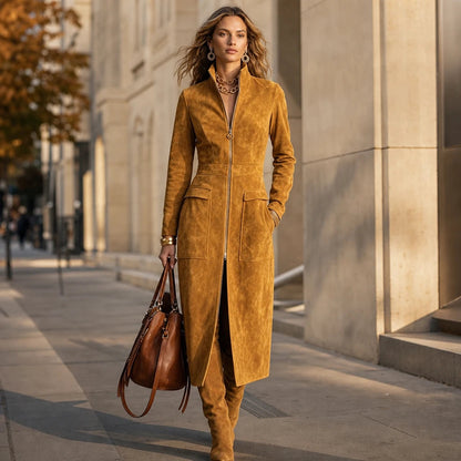 Women's Long Coat with Stand Collar | Oversized Knit